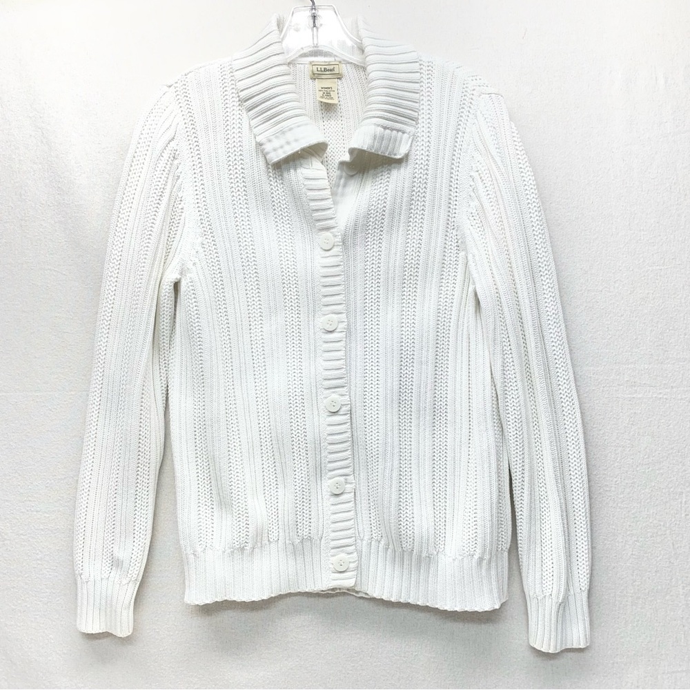 L.L. Bean White Ribbed Button-Front Sweater Jacket Size Medium Casual Minimalist
